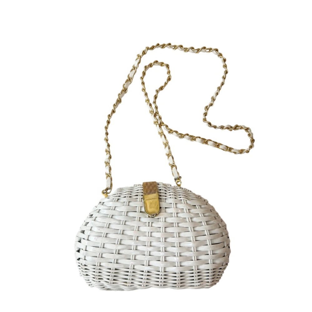 Vintage White Woven Bag with Gold Chain